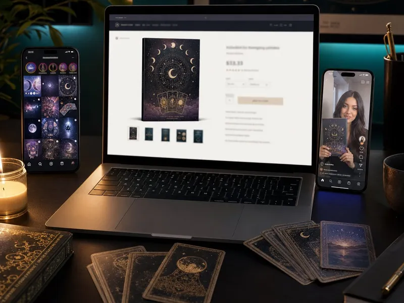 Faceless stránka o tarotu a vesmíru s digitálním produktem